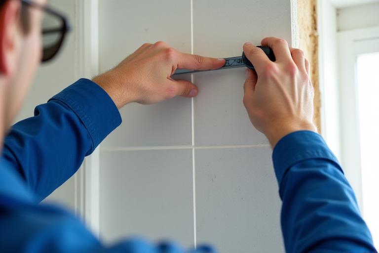 DecoDroit kézműves szakember nagy formátumú burkolat szakszerű lerakása közben